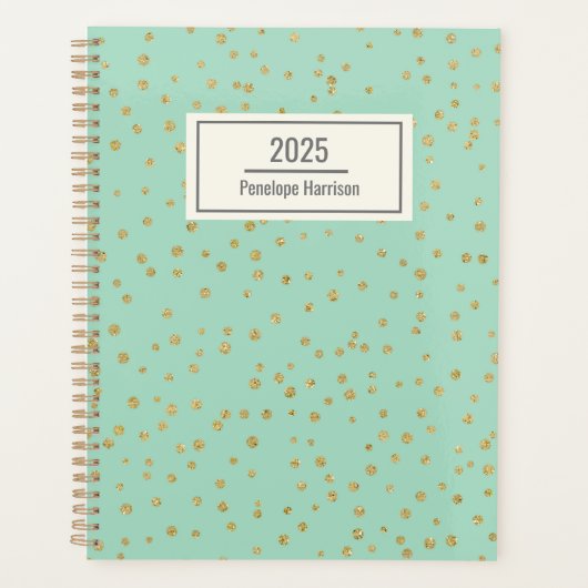 Glam Mint Green Gold Dots Muster Personalisiert Planer (Vorderseite)