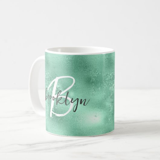 Glam Mint Green Trendy Script Monogram Kaffeetasse (Vorderseite Links)