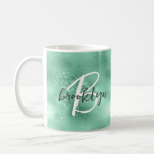 Glam Mint Green Trendy Script Monogram Kaffeetasse (Links)