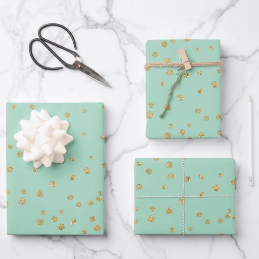Glam Mint Green und Gold Polka Dots Muster Geschenkpapier Set (Vorderseite)