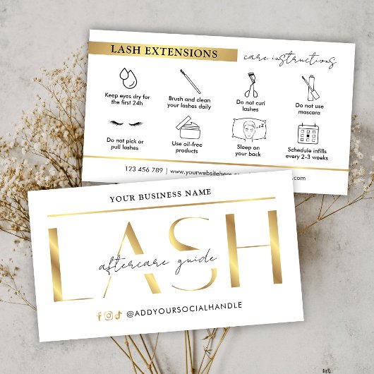Glam Modern Gold Lash Extensions Aftercare Guide Visitenkarte