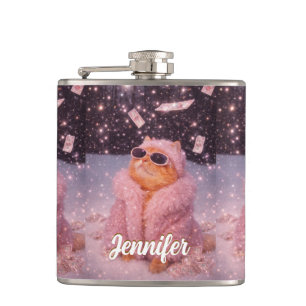 Glam Money Cat in rosa Pelzmantel und Sonnenbrille Flachmann