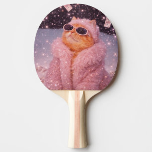 Glam Money Cat in rosa Pelzmantel und Sonnenbrille Tischtennis Schläger