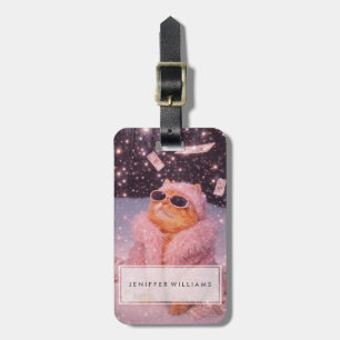 Glam Money Katze in rosa Pelzmantel und Sonnenbril Gepäckanhänger