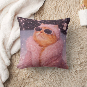 Glam Money Katze in rosa Pelzmantel und Sonnenbril Kissen