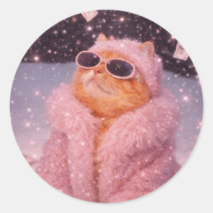 Glam Money Katze in rosa Pelzmantel und Sonnenbril Runder Aufkleber