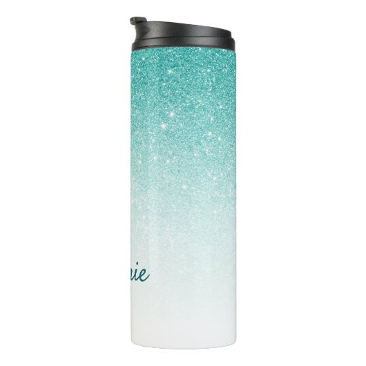 Glam Monogram Glitzer Aquamarin Ombre Thermosbecher (Nach rechts gedreht)
