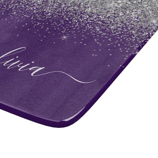 Glam Monogram Lila Silver Glitzer Schneidebrett (Ecke)
