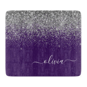 Glam Monogram Lila Silver Glitzer Schneidebrett