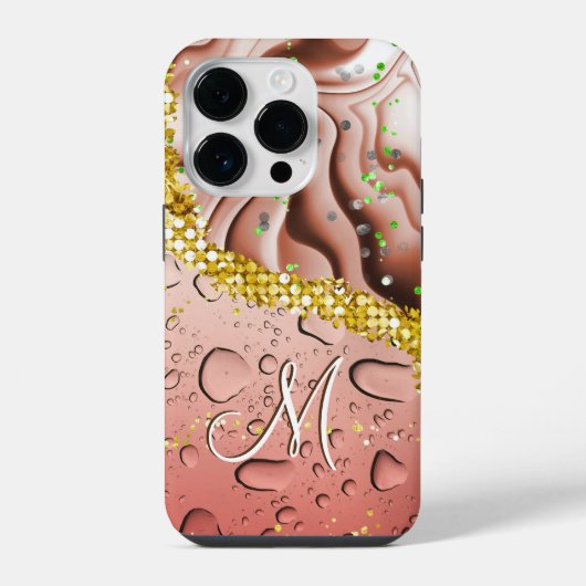 Glam Monogram M Brauner Marmor Fantasy Regentropfe iPhone Hülle (Rückseite)