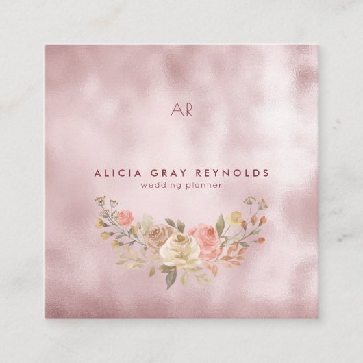 Glam Monogram Rose Gold Floral Wedding Planner Quadratische Visitenkarte (Vorderseite)