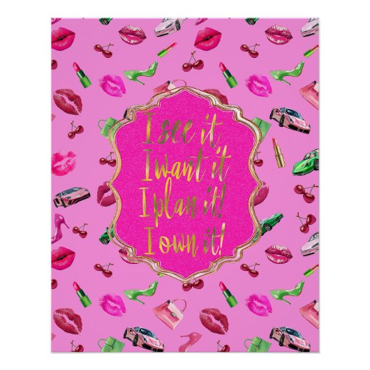 Glam Motif Rosa und Grün Zitat Poster (Vorderseite)
