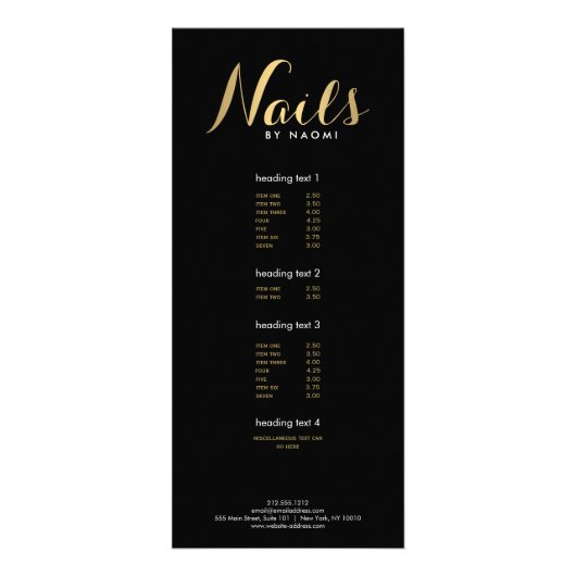 Glam Nails Script Text Gold/Black Rack Card Werbekarte (Vorne)
