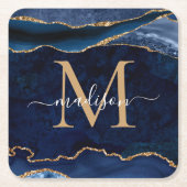 Glam Navy Blue Gold Agate Geode Glitzer Monogram Rechteckiger Pappuntersetzer (Vorderseite)