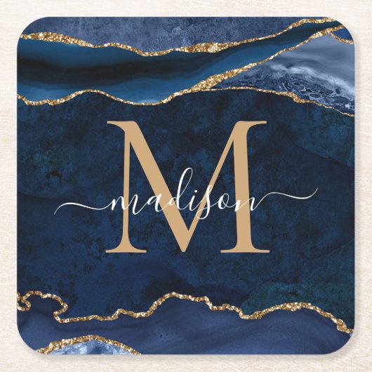 Glam Navy Blue Gold Agate Geode Glitzer Monogram Rechteckiger Pappuntersetzer (Vorderseite)