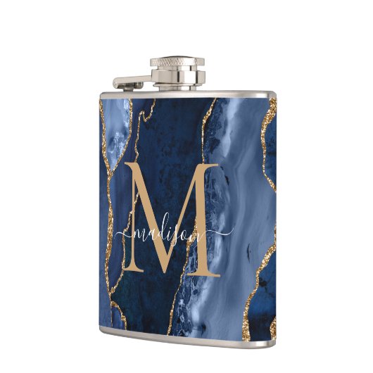 Glam Navy Blue Gold Glitzer Agate Geode Monogram Flachmann (Links)