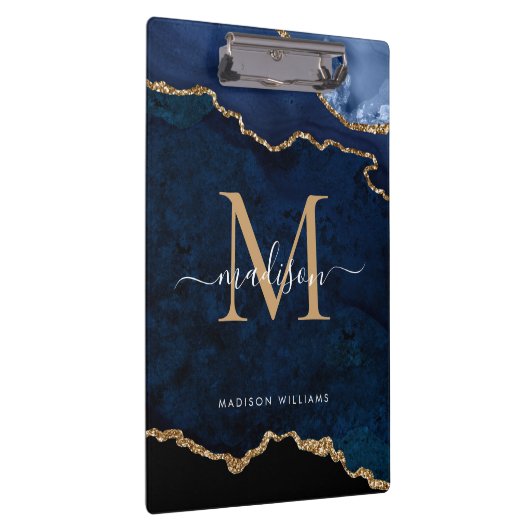 Glam Navy Blue Gold Glitzer Agate Geode Monogram Klemmbrett (Rechts)