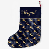 Glam Navy Blue Gold Rentier Muster Personalisiert Kleiner Weihnachtsstrumpf (Rückseite)