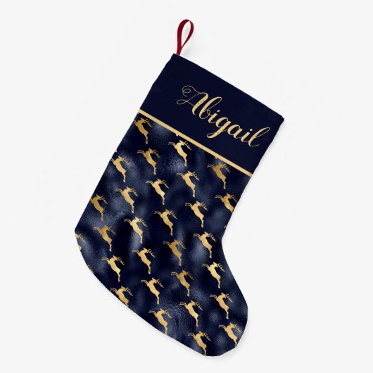 Glam Navy Blue Gold Rentier Muster Personalisiert Kleiner Weihnachtsstrumpf (Vorderansicht (hängend))