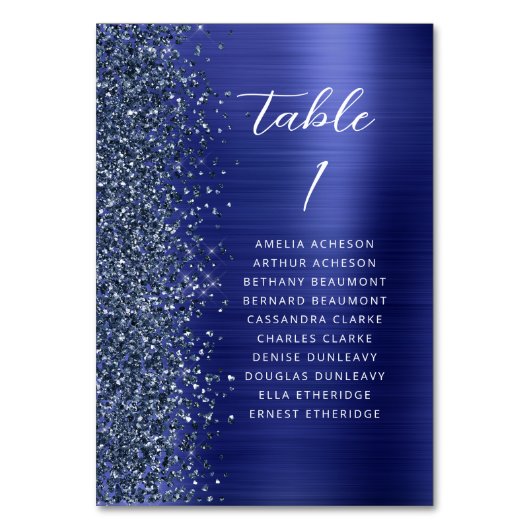 Glam Navy Blue Metallic Glitter Script Wedding Tischnummer (Vorderseite)