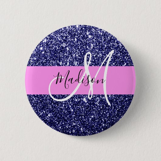 Glam Navy Blue Pink Glitzer Glitzern Name Monogram Button (Vorderseite)