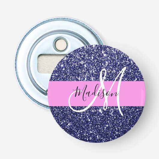 Glam Navy Blue Pink Glitzer Glitzern Name Monogram Flaschenöffner (Vorderseite)