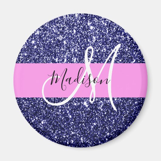 Glam Navy Blue Pink Glitzer Glitzern Name Monogram Magnet (Vorne)