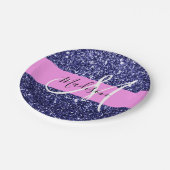 Glam Navy Blue Pink Glitzer Glitzern Name Monogram Pappteller (Schrägansicht)