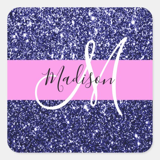 Glam Navy Blue Pink Glitzer Glitzern Name Monogram Quadratischer Aufkleber (Vorderseite)