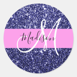 Glam Navy Blue Pink Glitzer Glitzern Name Monogram Runder Aufkleber