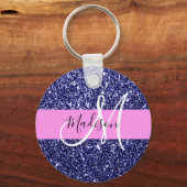 Glam Navy Blue Pink Glitzer Glitzern Name Monogram Schlüsselanhänger (Vorderseite)