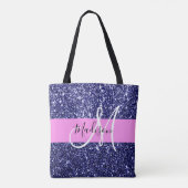 Glam Navy Blue Pink Glitzer Glitzern Name Monogram Tasche (Rückseite)