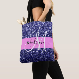 Glam Navy Blue Pink Glitzer Glitzern Name Monogram Tasche