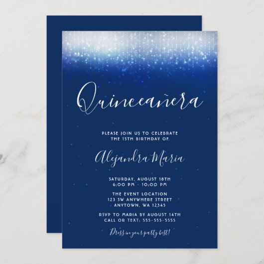 Glam Navy Blue Quinceanera Einladungen (Vorne/Hinten)