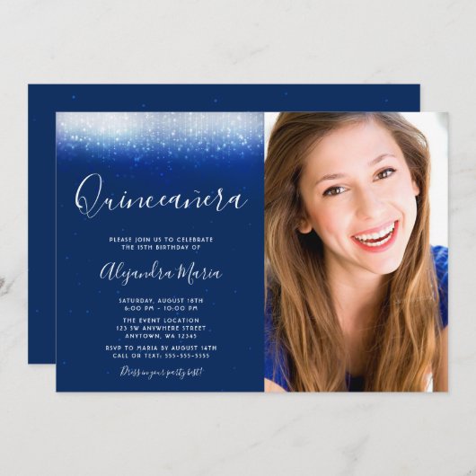 Glam Navy Blue Quinceanera Foto Einladung (Vorne/Hinten)