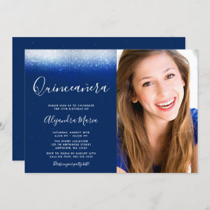 Glam Navy Blue Quinceanera Foto Einladung