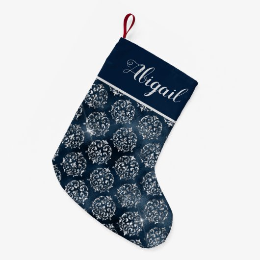 Glam Navy Blue Silver Damask Personalisiert Kleiner Weihnachtsstrumpf (Vorderansicht (hängend))