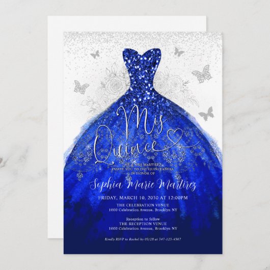 Glam Navy Blue Silver Dress Mis Quince Quinceañera Einladung (Vorne/Hinten)