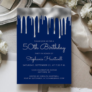 Glam Navy Blue Silver Dripping Foil 50. Geburtstag Einladung