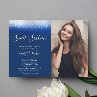 Glam Navy Blue Sweet 16 Foto Einladung