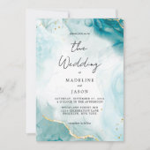Glam Navy Blue Watercolor Gold Fluid Ink Wedding Einladung (Vorderseite)