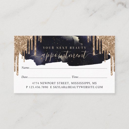 Glam Navy & Gold Glitzer Tropfen Elegante Schönhei Terminkarte (Vorderseite)