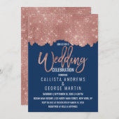 Glam Navy Rose Gold Glitzer Farbblock Hochzeit Einladung (Vorne/Hinten)