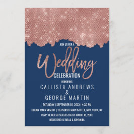 Glam Navy Rose Gold Glitzer Farbblock Hochzeit Einladung