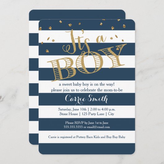 Glam Navy Rugby Stripe Boy Babydusche Einladung (Vorne/Hinten)