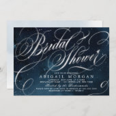 Glam navy silberne Vintage Kalligraphie Brautparty Einladung (Vorne/Hinten)
