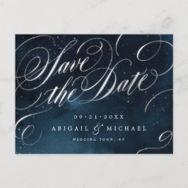 Glam navy silberne Vintage Kalligraphie Save the D Ankündigungspostkarte