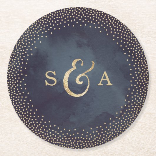 Glam Night Imitats Gold Glitzer Hochzeit Monogramm Runder Pappuntersetzer (Vorderseite)