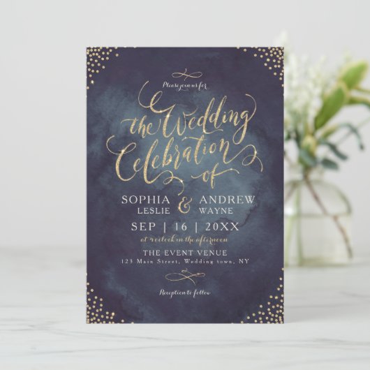 Glam Night Imitats Goldkalligraphie Glitzer Hochze Einladung (Stehend Vorderseite)