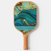 Glam Ocean Waves Aquamarin & Gold Monogram Pickleball Schläger (Vorderseite)